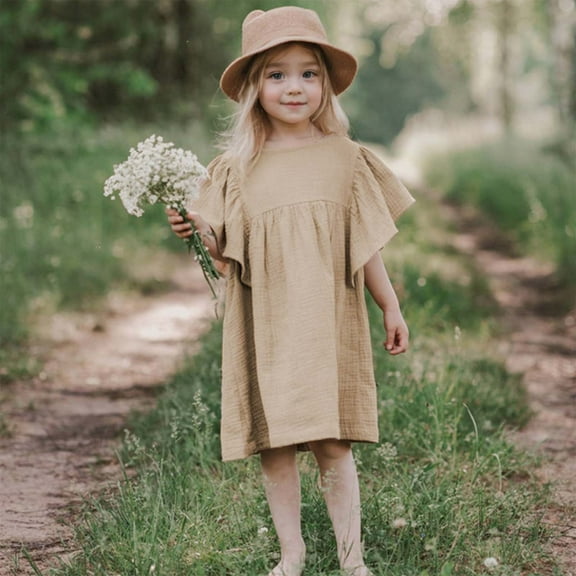HOMADLES Big Girls Dress Solid Crewneck Linen Stretch Summer Loose Princess Dress Dress Khaki 4 T