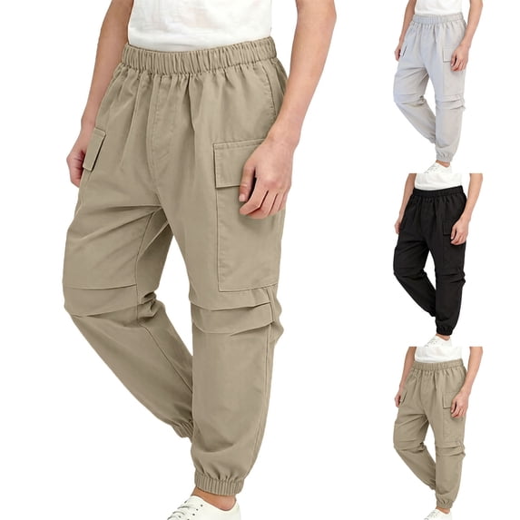 HOMADLES Boys Baggy Cargo Pants Elastic Waist Loose Fit Joggers Pants Lightweight Multi-pocket School Pants Khaki Size 5-6Years