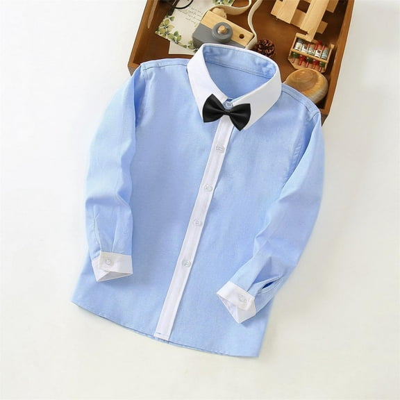 HOMADLES Boys Long Sleeve Button Down Dress Shirt Bow Formal Lapel School Uniform Pocket, Uniform Shirt Black 5 T