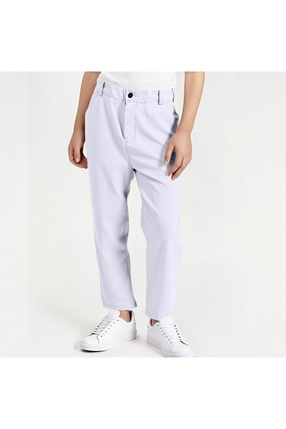 Boys School Pants Straight Leg Jogger Pants Side Pockets Casual Flat Front Pants White 15-16T
