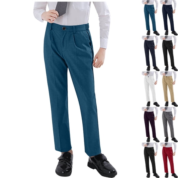 HOMADLES Boys' School Uniform Pants Stretch Adjustable Waist Straight Leg Solid Open Bottom Pants Blue 12-13T