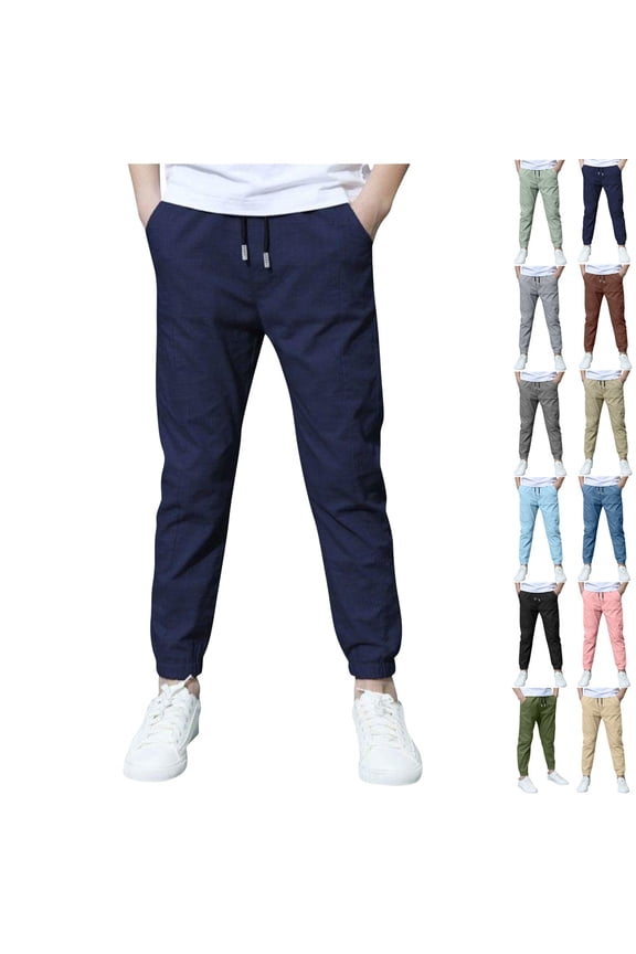 Cargo Pants for Boys Linen Elastic Waist Slim Fit Little Boys Jogger Pants Stretch Soft Lightweight School Pants Outdoor Hiking Navy 4 T