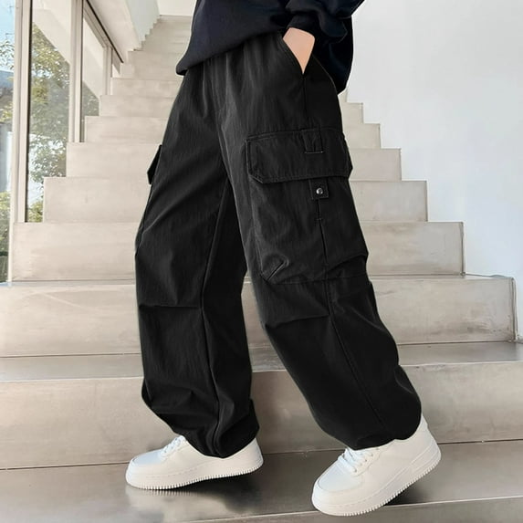 HOMADLES Cargo Pants for Boys Elastic Waist Loose Straight Leg Hiking Outdoor Casual, Jogger Pants Black 9 T