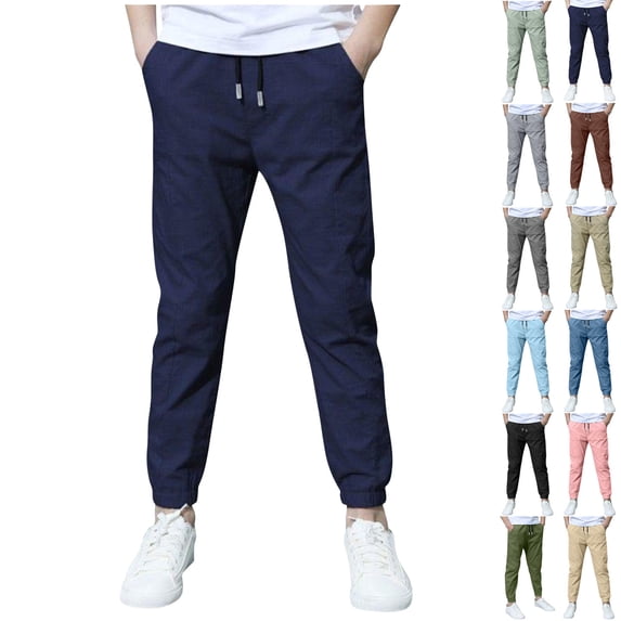 HOMADLES Cargo Pants for Boys Linen Elastic Waist Slim Fit Little Boys Jogger Pants Stretch Soft Lightweight School Pants Outdoor Hiking Navy Size 4T