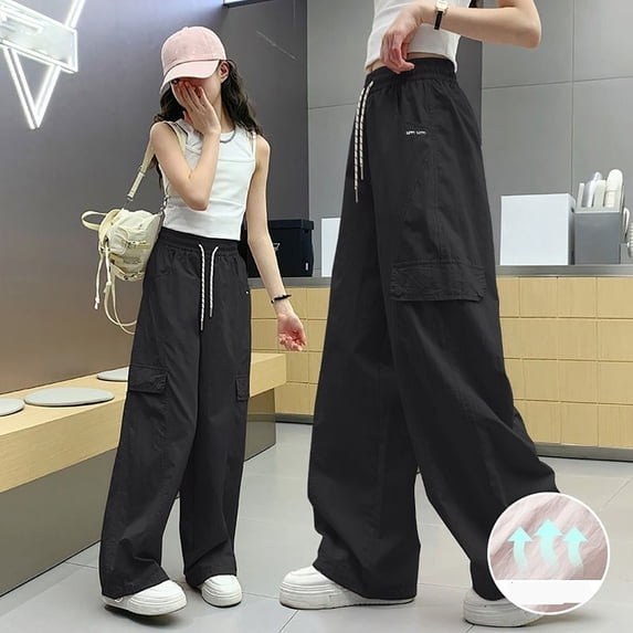 HOMADLES Cargo Pants for Girls Parachute Baggy Wide Leg Stretch Multiple Pockets Cargo Pants Black 13 T