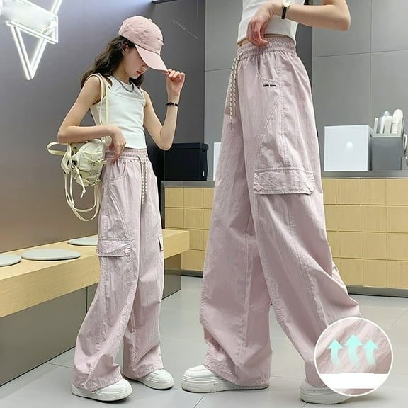 HOMADLES Cargo Pants for Girls Parachute Baggy Wide Leg Stretch Multiple Pockets Cargo Pants Pink 11 T
