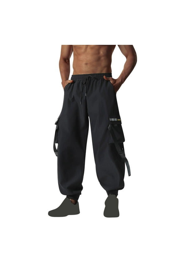 Cargo Pants for Men Loose Elastic Waist Solid Multiple Pockets Stretch Drawstring Cargo Pants Black XL