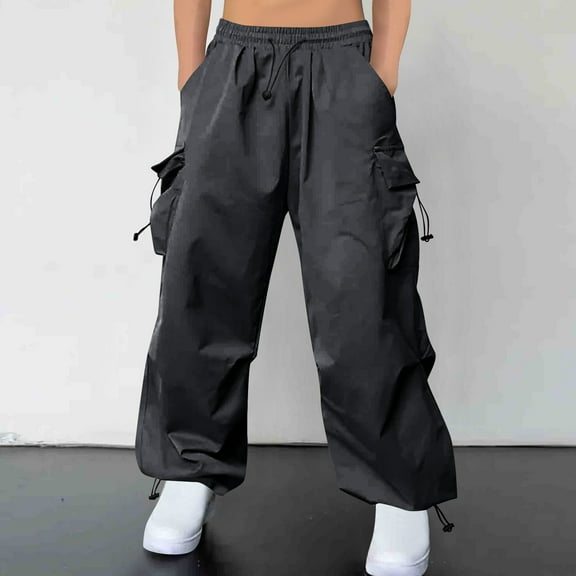 HOMADLES Cargo Pants for Men Multiple Pockets Elastic Waist Solid Drawstring Cargo Pants Dark Gray M