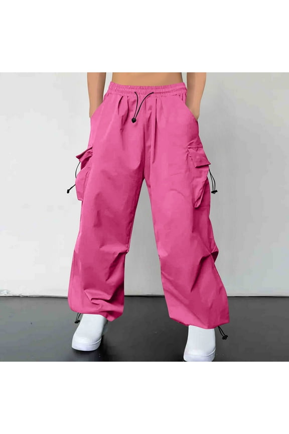 Cargo Pants for Men Multiple Pockets Elastic Waist Solid Drawstring Cargo Pants Hot Pink 3XL