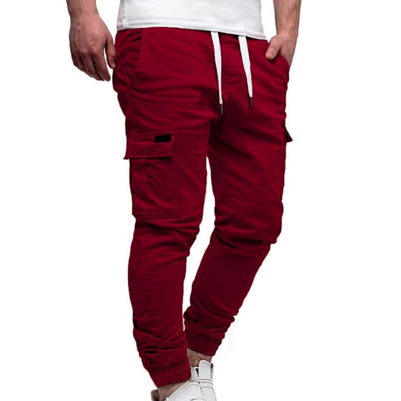 HOMADLES Cargo Pants for Men Slim Straight Elastic Waist Jogger Multiple Pockets Drawstring Cargo Pants Red