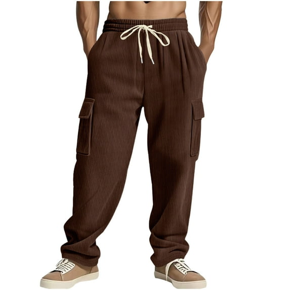 HOMADLES Cargo Pants for Men Solid Straight Multiple Pockets Elastic Waist Stretch Drawstring Cargo Pants Brown S