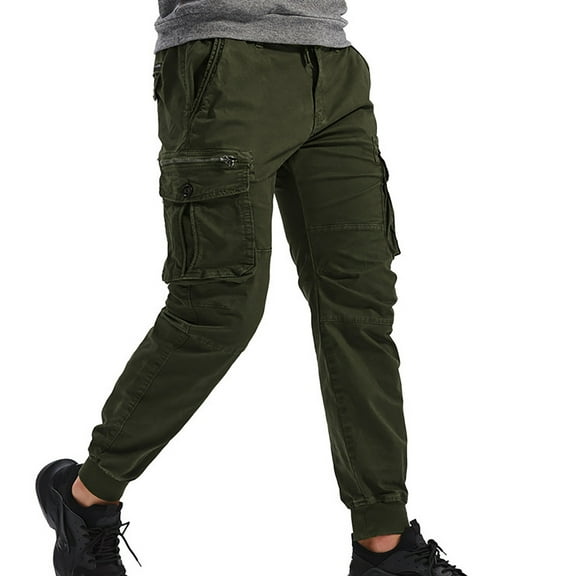 HOMADLES Cargo Pants for Men with Pocket Straight Slim Fit Pants Elastic Waist Outdoor Workout Drawstring Trousers Army Green 30