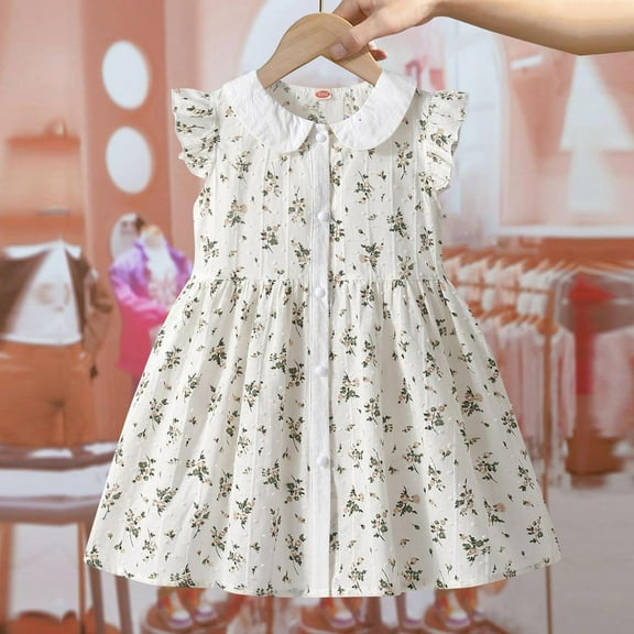 HOMADLES Summer Dress for Girls Crewneck Sleeveless Print Ruffed Layered Stretch Princess Dress White 4-5T