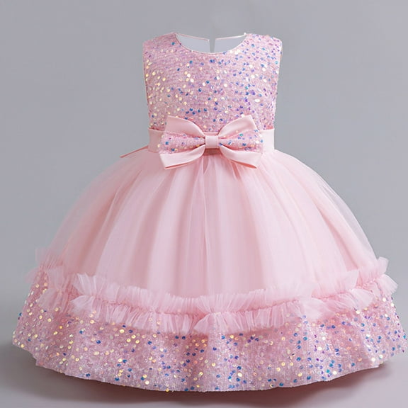 HOMADLES Summer Toddler Dress for Girls Crewneck Mesh Ruffed Layered Sleeveless Print Breathable Princess Dress Pink 4-5T