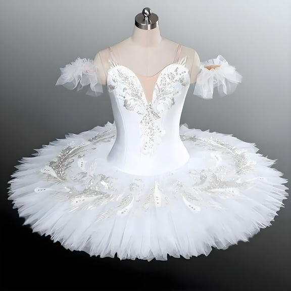 HOMADLES Teen Girls Dress Practice V-neck Ruffed Sleeveless Layered Print Mesh Fashion Dance Dress White 3-4T