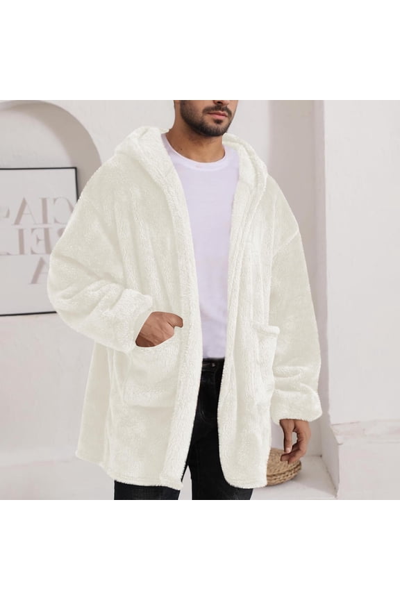 Fleece Lined Mens Jacket with Hood Long Cardigan Casual Jacket with Pocket Fall Winter Thicken Warm Winter Coat for Men AA White 2XL