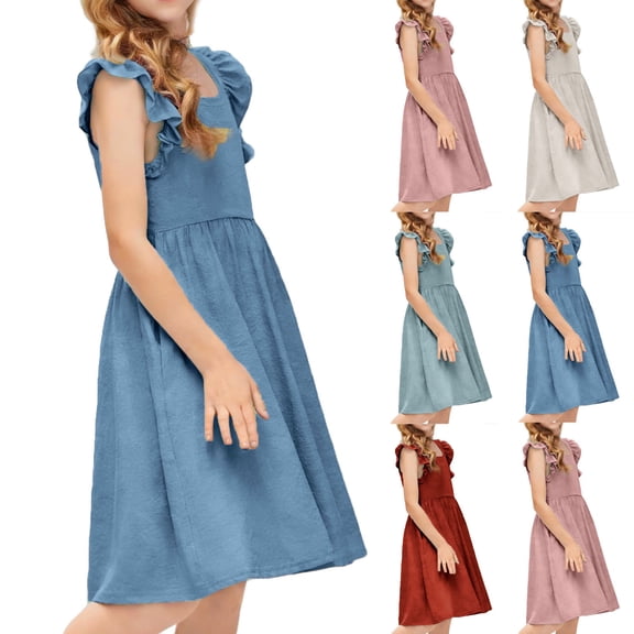 HOMADLES Girls Casual Dress Size 1-7, Girls Sleeveless Dress Girls Ruffle Dress Linen Flutter Sleeve Loose Layed Tiered Dresses Coffee XL