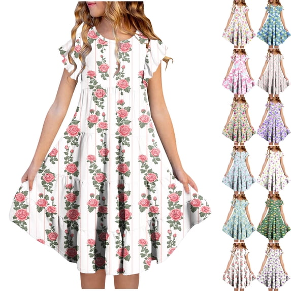 HOMADLES Girls Casual Dress Size 4-15, Girls Floral Dresses Girls Short Sleeve Dresses Summer Soft Stretchy Layered Dresses White 8-9T