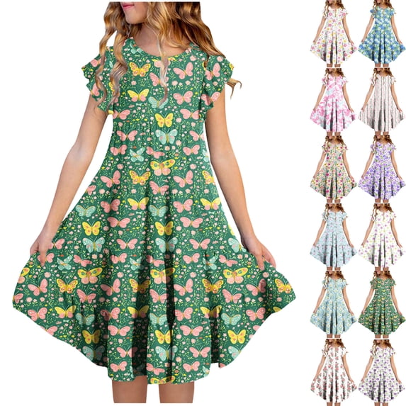 HOMADLES Girls Casual Dress Size 4-16, Girls Floral Dresses Girls Short Sleeve Dresses Summer Soft Stretchy Layered Dresses Green 10-11T
