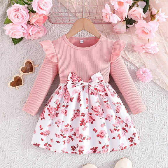 HOMADLES Girls Dress Long Sleeve Crewneck Solid Soft Clothing Casual Dress for Girls Soft Mesh Comfortable Dress Pink 6 Months