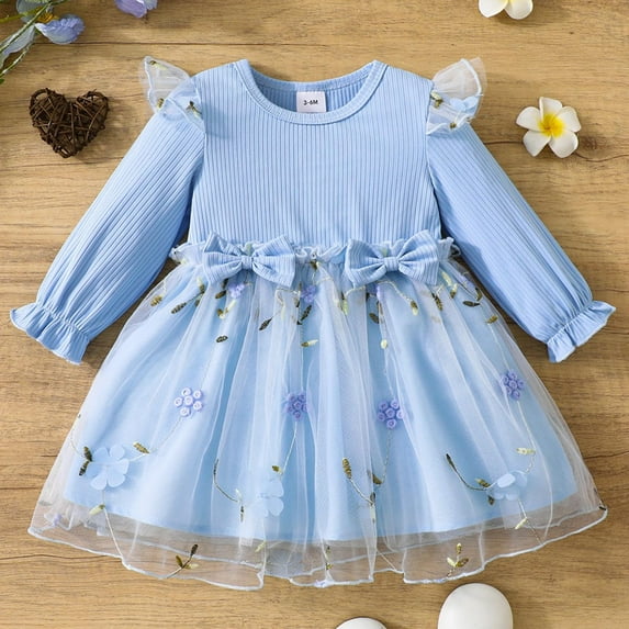 HOMADLES Girls Dress Long Sleeve Solid Soft Clothing Casual Dress for Girls Soft Mesh Comfortable Dress Blue 11