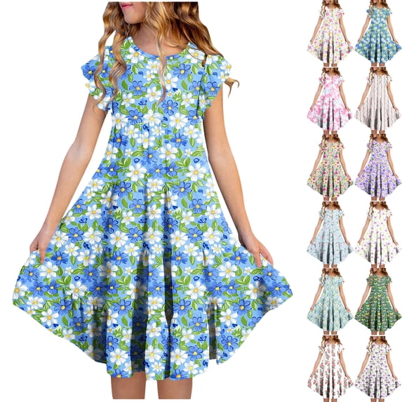 HOMADLES Girls Floral Dresses Size 4-20, Girls Summer Dress Flower Printed Layered Dresses Princess Party Dress Everyday Wear Summer Ruffle Dresses Blue 6-7 T