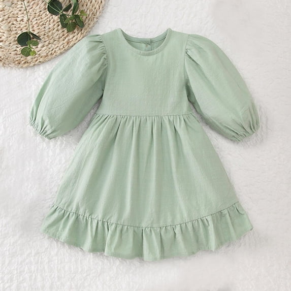 HOMADLES Girls Long Sleeve Dress A-Line Casual Solid Layering Swing Skirt for Girls Comfortable Soft Dress Green 4 T