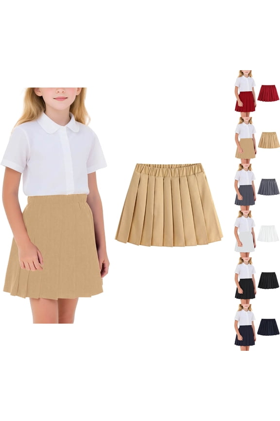 Girls Pleated Hem Skirt, Solid A-line Mini Skorts Elastic Waist Athletic Tennis Skirt School Uniform Skirt Khaki 6-7T