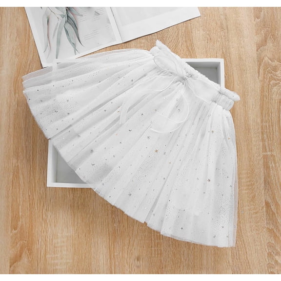 HOMADLES Girls Pleated Skirt Mesh Sequin Pleated Skirt Solid A-line Dresses Girls Princess Party Skirt White 5 T