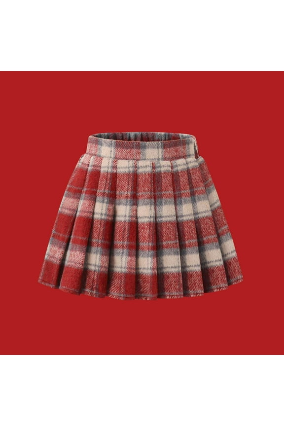 Girls Pleated Skirt, Pleated Plaid Mini Skorts School Uniform Skirt Elastic High Waist A-Line Skirt Fashion Skirt Red 8 T