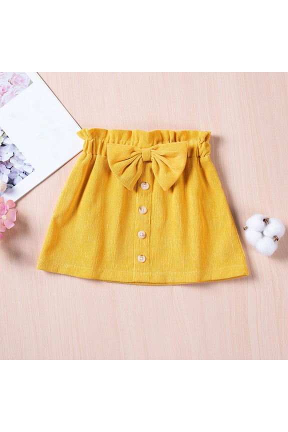 Girls School Skirt Single Buttons Bow Solid Skirt High Waist A Line Mini Skorts Girls School Uniform Skirt Yellow 3-4 T