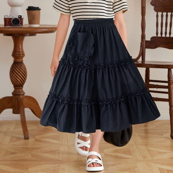 HOMADLES Girls School Uniform Skirts Soft Tiered Skirt Princess Party Skirt for Girls Elastic High Waist A-line Mini Dresses Black 11-12T