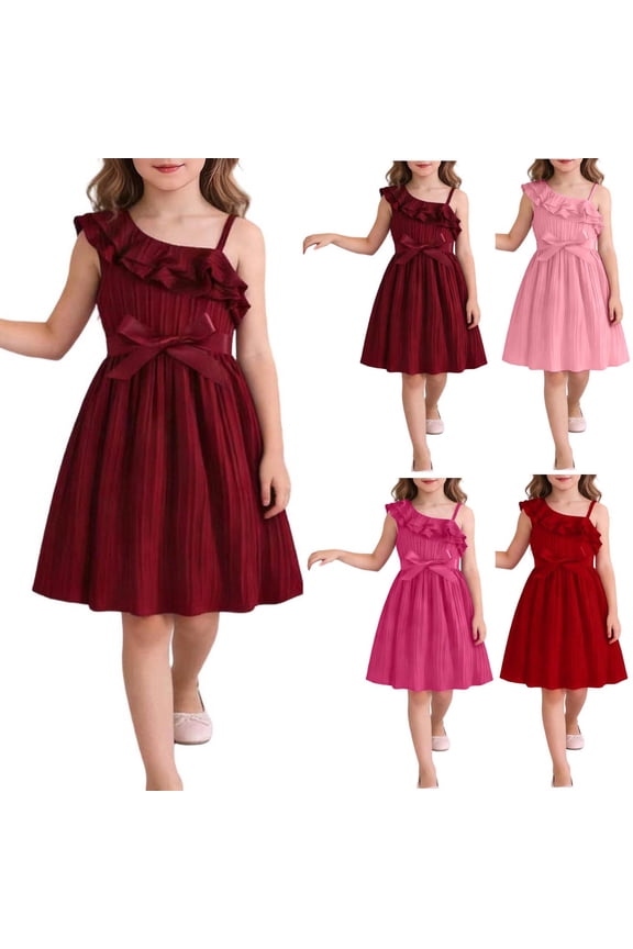Girls Sleeveless Dress, Girls Casual Dress Girls Pleated Dress Spaghetti Strap Ruffled Tiered Midi Dresses Wine