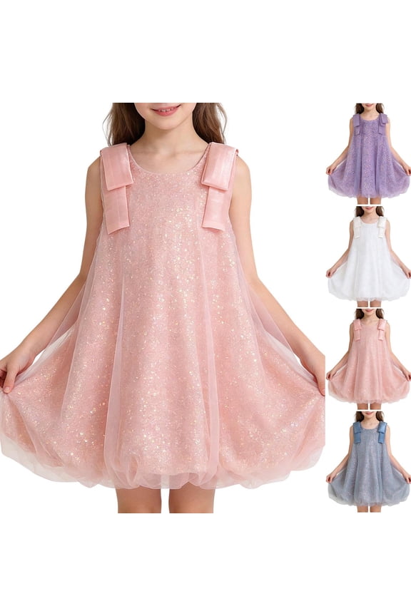 Girls Summer Dress, Sleeveless Dresses for Girls Sequin Shining Dress Mesh Ruffled Tiered Midi Dresses Party Princess Dresses Purple L