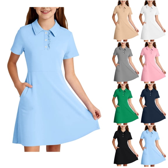 HOMADLES Girls polo Dress Uniform 5-15, Summer Casual Dresses School Dress for Girls Short Sleeve Dresses Button-Up Collar Everyday Dress Blue 9-10T