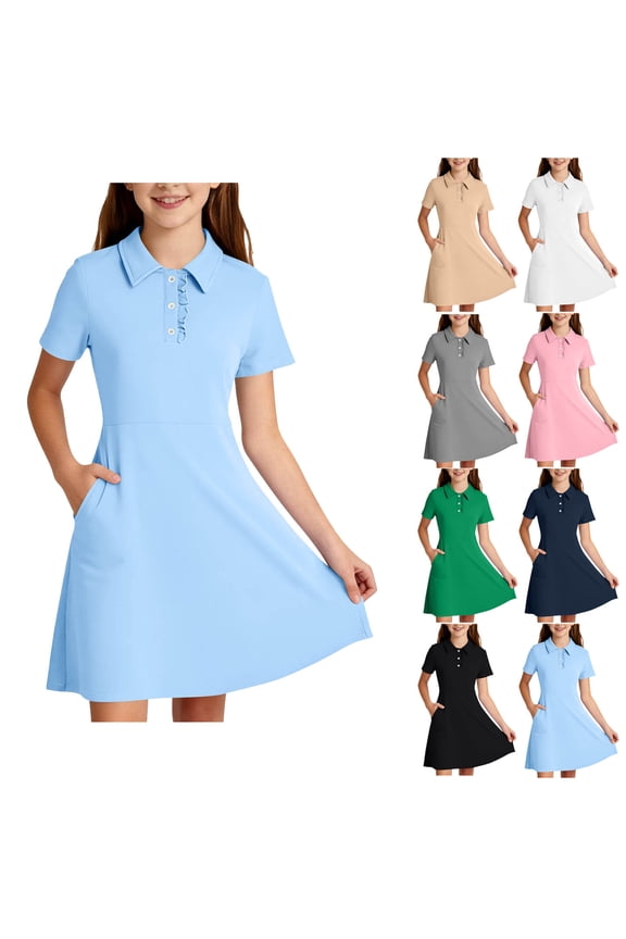 Girls polo Dress Uniform 5-15, Summer Casual Dresses School Dress for Girls Short Sleeve Dresses Button-Up Collar Everyday Dress Blue 9-10T