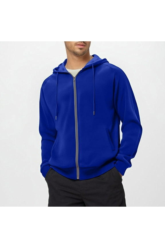 Hooded Jacket for Men Long Sleeve Outdoor Hiking Solid Coat Cardigan Zip with Pocket Casual Jacket Blue M