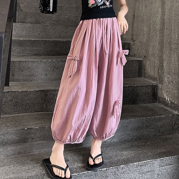 HOMADLES Jogger Pants for Girls Parachute Baggy Stretch Wide Leg Outdoor Streetwear Elastic Waist Jogger Pants Pink 4 T