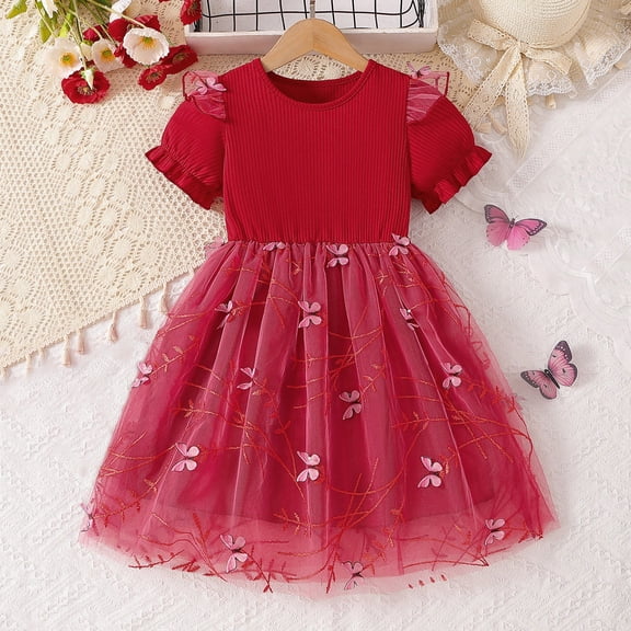 HOMADLES Kid Toddler Dress Mesh Crewneck Ruffed Layered Fashion Print Short Sleeve Princess Dress Dress B Red 2-3T