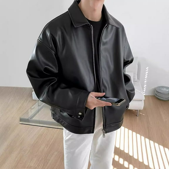HOMADLES Leather Jacket Men Waterproof Warm Relaxed Fit Aathletic Jacket Retro Casual Windbreaker Jackets for Men Black L