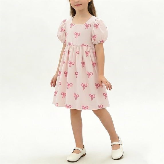 HOMADLES Little Girls Dresses Size 2-8, Girls Floral Dress Short Sleeve Dresses for Girls Summer Casual Dresses Bow Flower Printed Sundress Pink 4-5 T