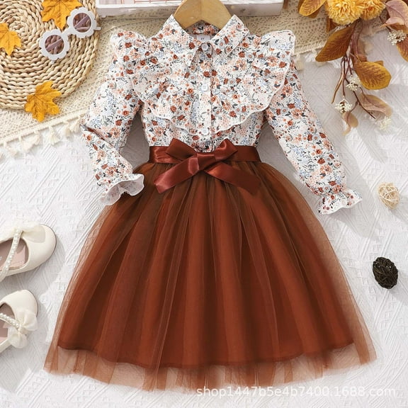 HOMADLES Little Girls Long Sleeved Dresses Bow Crewneck Casual Mesh Layering Kid Girls Dresses Casual Soft Clothing Dress Brown 90/2-3T