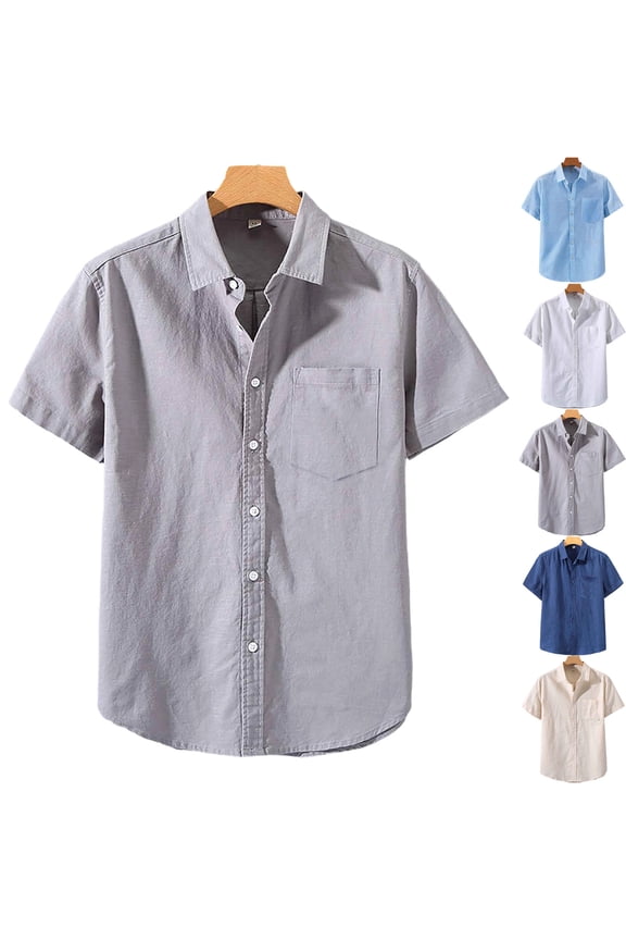 Men Blouse Short Sleeve Shirts for Men Summer Linen Lightweight Button Down Shirts Men, Gray 3XL