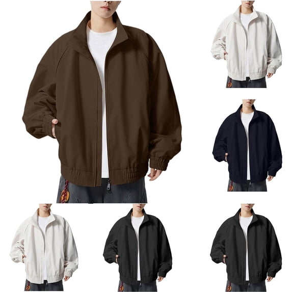 HOMADLES Men Jacket Lapel Windproof Long Sleeve Zip Up Jacket Solid Color Casual Jacket Beige Size S