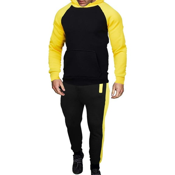 HOMADLES Men Sets 2 piece Outfits with Hoodie Long Sleeve Sweatshirt Sweatsuit Drawstring Baggy Sweatpants Jogger Outdoor Sports Sweatpants Outfits Yellow L