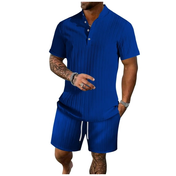 HOMADLES Men Short Sets 2 Piece Solid Shirt and Soft Short Blue M