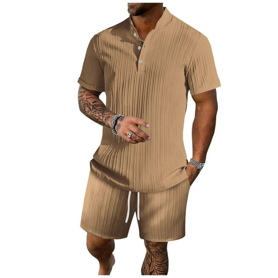 HOMADLES Men Short Sets 2 Piece Solid Shirt and Soft Short Khaki L