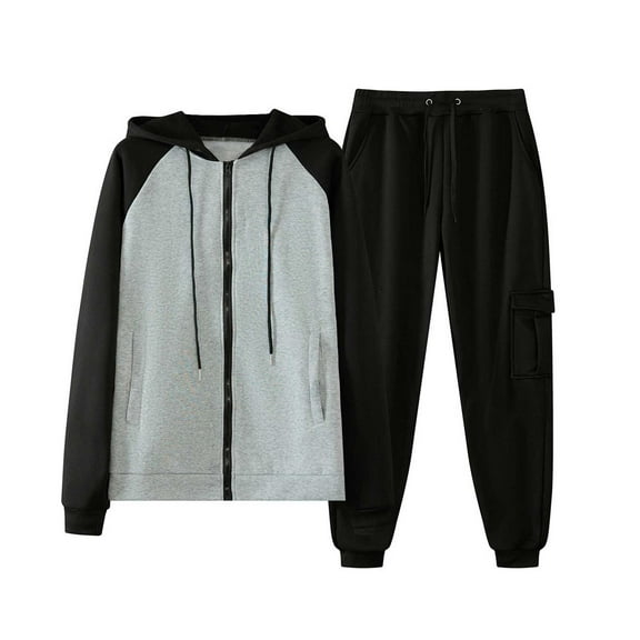 HOMADLES Men Sweatpants Tracksuit Set 2 Pcs Full Zipper Color Block Hood Jacket and Baggy Sweatpants Drawstring Casual Jogger Outfits Gray L