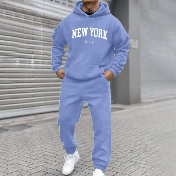 HOMADLES Men Sweatpants Tracksuit Set 2 Pcs Solid Long Sleeve Pullover Hoodie and Baggy Sweatpants Drawstring Casual Jogger Outfits Blue M