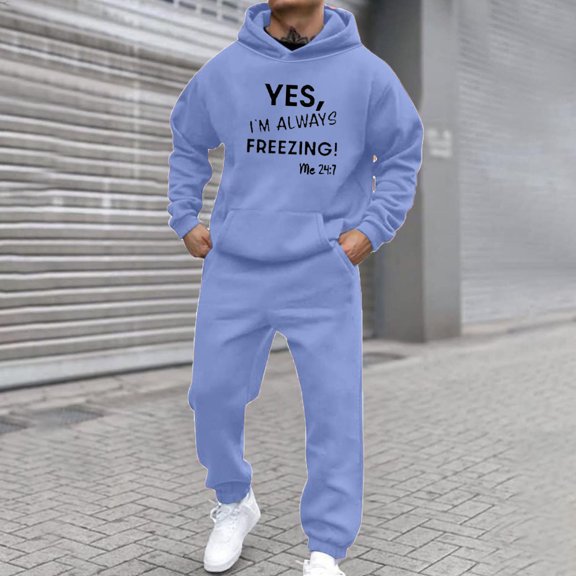 HOMADLES Men Sweatpants Tracksuit Set 2 Pcs Solid Long Sleeve Pullover Hoodie and Baggy Sweatpants Drawstring Casual Jogger Outfits Blue XL